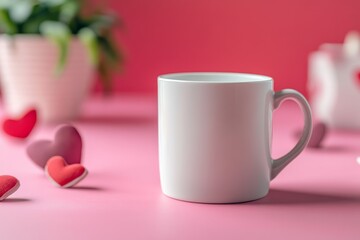 A simple white mug on a pink surface surrounded by heart shapes, creating a cozy romantic atmosphere.