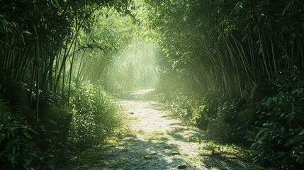 Fototapeta premium A scenic trail through a dense bamboo forest with dappled sunlight