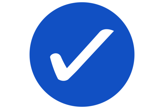 White right tick check mark icon on blue circle over transparent background. flat style. tick icon for web site design, logo, app, UI design