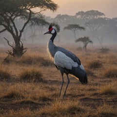 Obraz premium A crested crane walking gracefully through a misty African savanna at dawn.