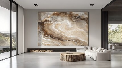 Large abstract beige and brown marble wall art in modern living room.