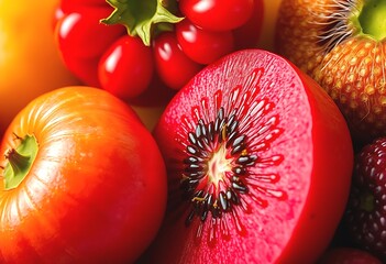 Close-up of vibrant colorful fresh fruits and vegetables. Close-up view of a variety of fresh fruits and vegetables including vibrant red kiwi slices red bell peppers
