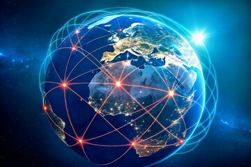 Fototapeta premium Global Network: A stunning abstract depiction of the world connected by a web of glowing red lines, symbolizing the interconnectedness of our planet and the power of technology. The Earth.
