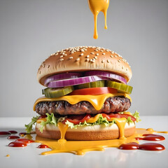 Delicious burger with many ingredients isolated on white background