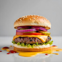 Delicious burger with many ingredients isolated on white background