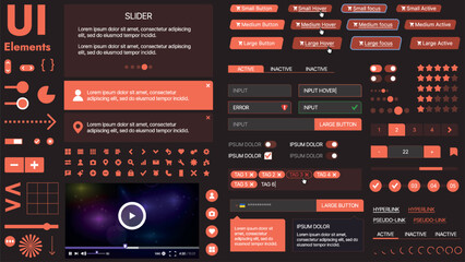 Fototapeta premium A modern UI kit featuring a collection of buttons, icons, navigation menus, and responsive design elements. Includes login forms, media players, search bars, and calendars, ideal for apps, websites