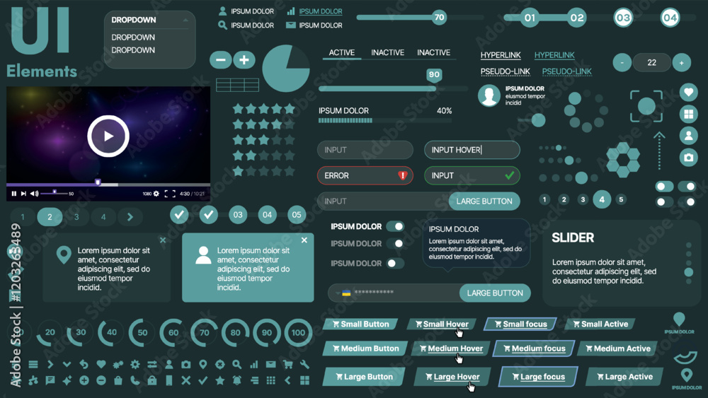 Poster a modern ui kit featuring a collection of buttons, icons, navigation menus, and responsive design el