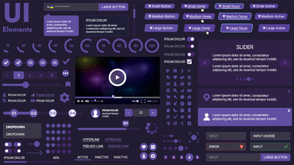 Fototapeta premium A modern UI kit featuring a collection of buttons, icons, navigation menus, and responsive design elements. Includes login forms, media players, search bars, and calendars, ideal for apps, websites