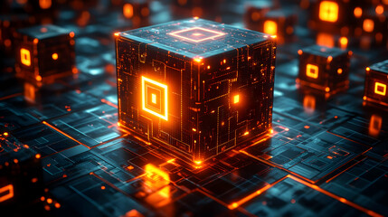 Glowing Cubes on Circuit Board: Futuristic Technology Background