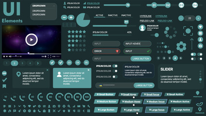Fototapeta premium A modern UI kit featuring a collection of buttons, icons, navigation menus, and responsive design elements. Includes login forms, media players, search bars, and calendars, ideal for apps, websites