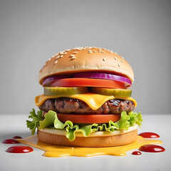 Delicious burger with many ingredients isolated on white background