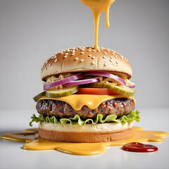 Delicious burger with many ingredients isolated on white background