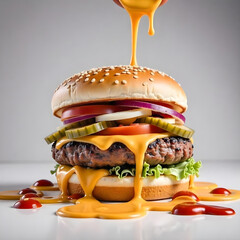 Delicious burger with many ingredients isolated on white background