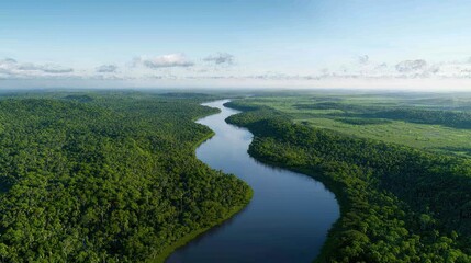 Aerial view of a lush rainforest river