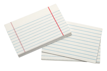 Stack of lined index cards for note-taking isolated with transparent background