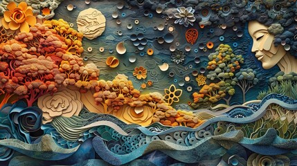 Develop an intricate die-cut design symbolizing the convergence of cli-fi themes Merge elements like indigenous knowledge, biodiversity loss