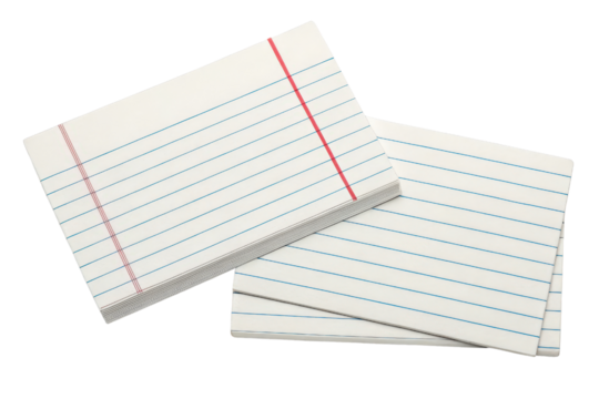 Stack of lined index cards for note-taking isolated with transparent background