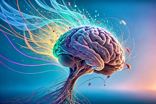 Mind Bloom: A vibrant, artistic rendering of a human brain, with colorful, ethereal tendrils emanating from it, suggesting creativity, intelligence, and the boundless potential of the human mind. 