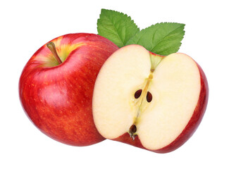 red apple (Envy Apple) with leaves, and half isolated, fresh red apple, transparent PNG, PNG format