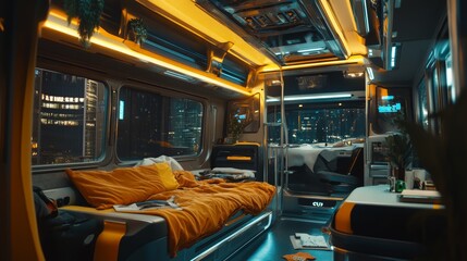 Fototapeta premium Modern van interior at night with city view, featuring a cozy bed and ambient lighting for comfortable urban living.