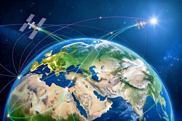Global Network:  A stylized depiction of interconnectedness, with orbiting satellites  connected by beams of light to  a detailed Earth map.