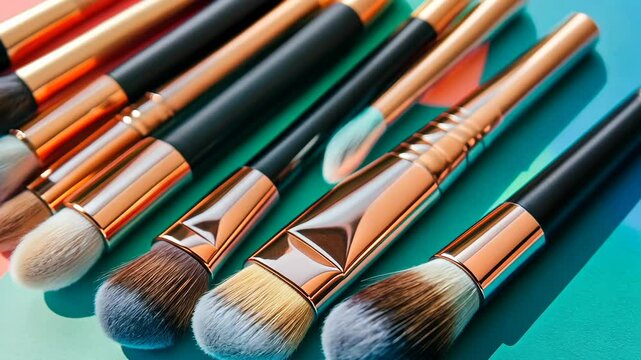 Makeup brushes arranged on a colorful surface highlighting various brush types and styles for beauty applications