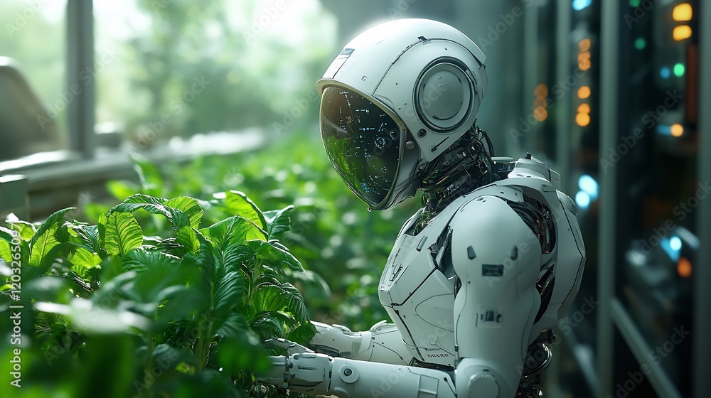 Poster futuristic robot farmer autonomously harvesting crops in a hightech vertical farm showcasing advance