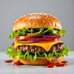 Delicious burger with many ingredients isolated on white background