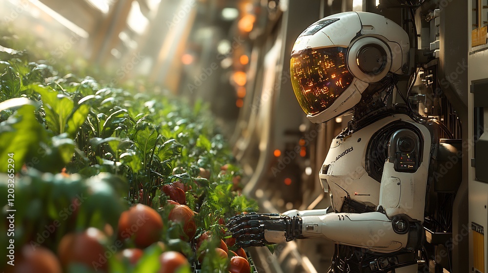 Poster futuristic robot farmer autonomously harvesting crops in a hightech vertical farm showcasing advance