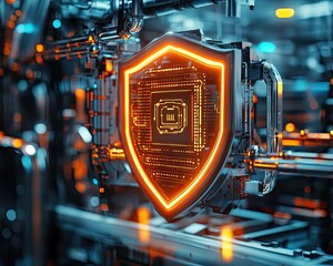 IoT security solutions Digital shield with glowing circuitry on a high-tech background.