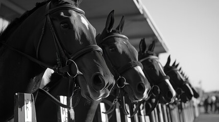Black and white image of horses lined up in stalls.
