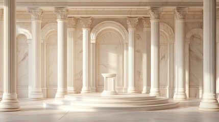 Obraz premium Ancient Greek-style podium pedestal in a minimalist pastel cream room, featuring a marble colonnade and classic columns. A trendy 3D render ideal for social media, promotions, and showcases.