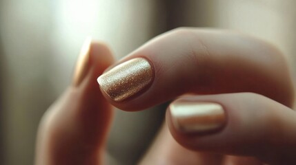 photorealistic minimalistic close-up of metallic nail polish glimmering under soft light with a neutral backdrop