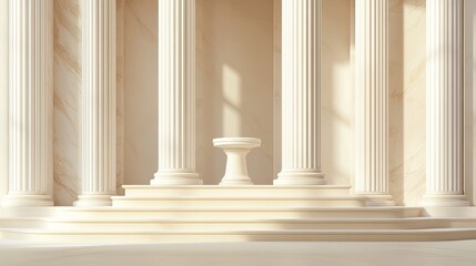 Obraz premium Ancient Greek-style podium pedestal in a minimalist pastel cream room, featuring a marble colonnade and classic columns. A trendy 3D render ideal for social media, promotions, and showcases.