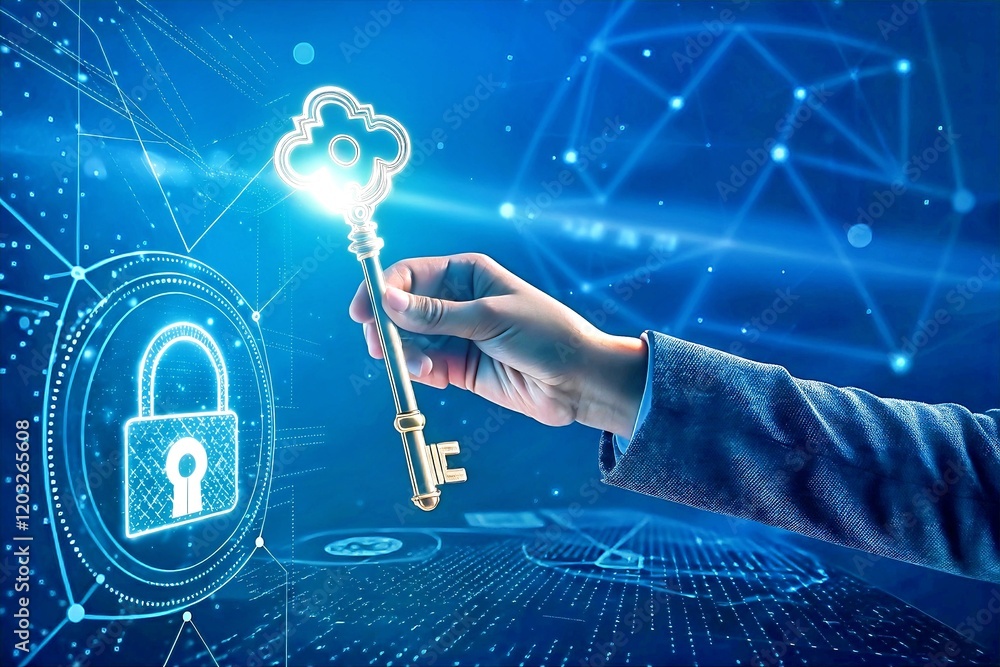 Aufkleber cybersecurity key to success: a hand holds a glowing key, symbolizing access and security, against a