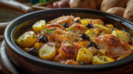 Traditional Portuguese bacalhau with potatoes and olives. Featuring a savory and rich dish. Highlighting the texture and flavors of the bacalhau. Ideal for food and cultural themes.