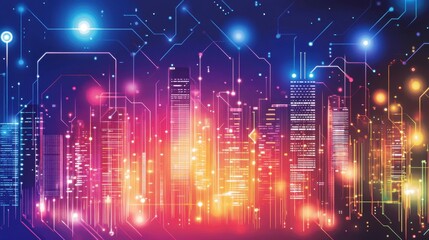 Illuminated Cityscape Network Digital Connections