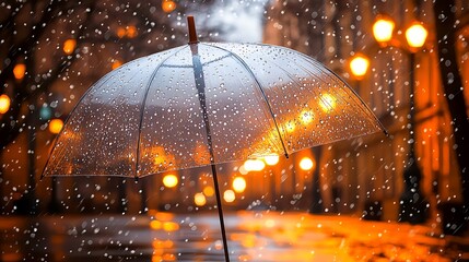 A translucent umbrella showcasing raindrops sparkling like diamonds under warm streetlights, soft bokeh in the background, evoking purity and calmness