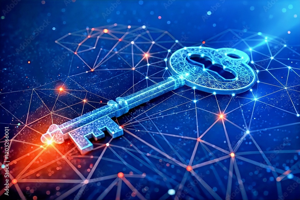 Poster digital key to connectivity: a futuristic, metallic key intricately designed with a network of glowi