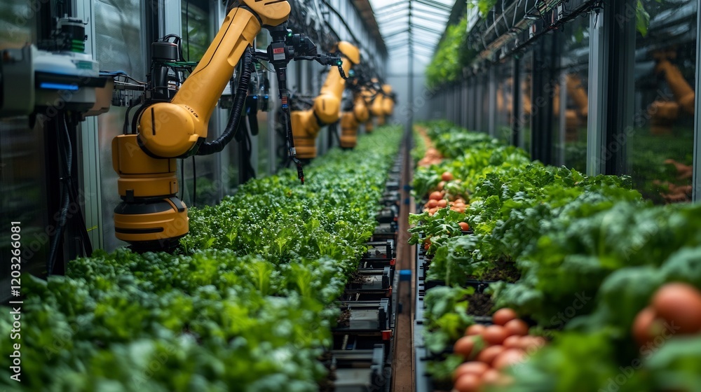 Poster futuristic vertical greenhouse filled smart robots actively managing crops highlighting automated pr