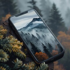 Design a visually engaging scene with a smartphone at eye-level perspective, displaying serene nature wallpapers Hint at the contrast between a calm offline world and the chaotic digital realm