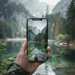 Design a visually engaging scene with a smartphone at eye-level perspective, displaying serene nature wallpapers Hint at the contrast between a calm offline world and the chaotic digital realm