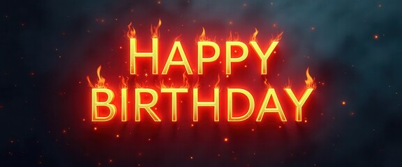 Obraz premium Happy Birthday glowing in fiery red and orange against a dark, smoky background.