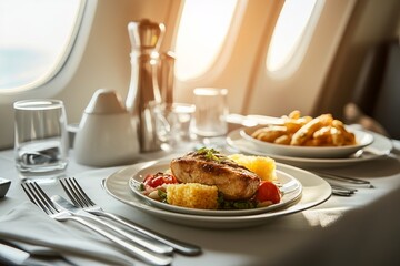 Fine dining served on an airplane table, soft cabin light ambiance
