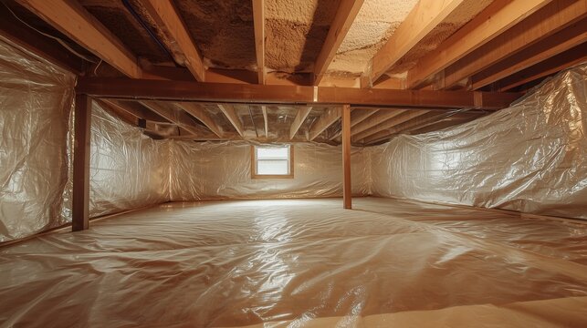 Sealed crawl space with vapor barrier and insulation.