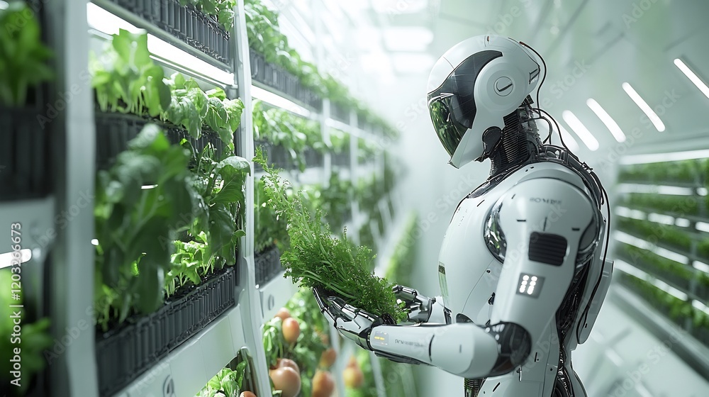 Poster futuristic vertical greenhouse filled smart robots actively managing crops highlighting automated pr