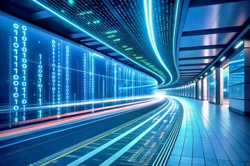 Digital Tunnel of Light: A futuristic digital tunnel with binary code streaming along the walls.