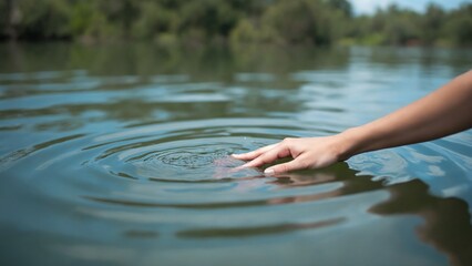 A woman's hand touching water at the surface