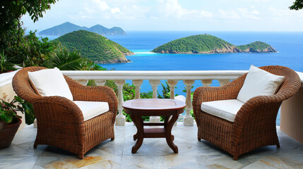 Naklejka premium Ocean view patio; wicker chairs, table, tranquil scene.