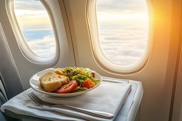 Gourmet meal elegantly plated on an airplane table, soft cabin lighting
